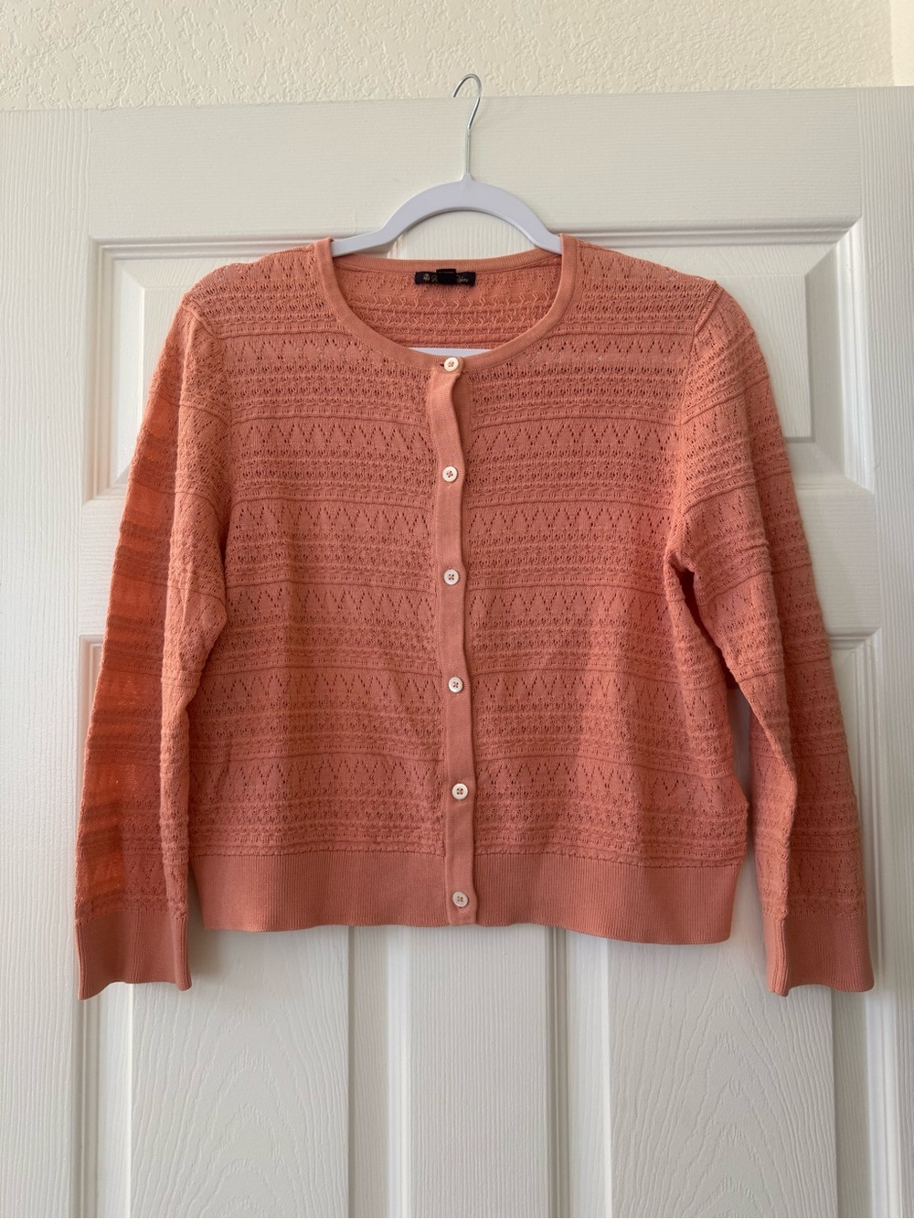Brooks Brothers Lace Crochet 3/4 Sleeve Cardigan Button Down Peach Coral Sweater